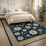 Navy Blue Daisy Floral Area Rug with Greek Key Border