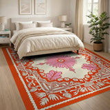 Vibrant Orange Border Pink Floral Medallion Rug