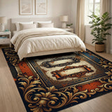 Ornate Baroque Frame Area Rug with Scroll Banners