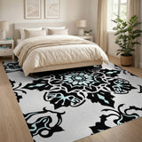 Ornate Black Teal Damask Floral Rug