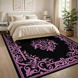 Pink Ornate Floral Border Pink Area Rug