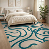 Teal Swirl Abstract Area Rug on Beige