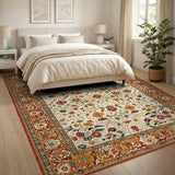 Cream Persian Floral Area Rug with Terracotta Border