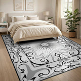 Ornate Black White Sunburst Mandala Rug