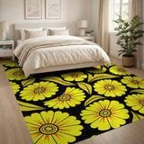 Vibrant Yellow Floral Pattern Area Rug on Black