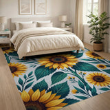 Vibrant Yellow Sunflower Teal Leaves Area Rug
