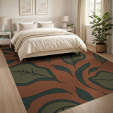 Terracotta Boho Botanical Leaf Washable Area Rug - Low Pile & Non-Slip