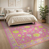 Pink Floral Vintage Area Rug with Yellow Blooms