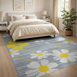 Grey Area Rug with White Daisies Yellow Centers