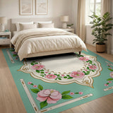 Ornate Pink Hibiscus Teal Frame Area Rug