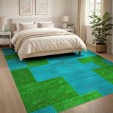 Teal and Lime Green Geometric Block Rug