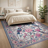 Blue Birds Pink Blossoms Floral Area Rug