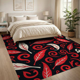 Swirling Red Leaves on Black Area Rug