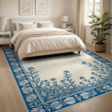 Blue Floral Engraved Border Area Rug