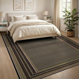 Beige Grid Area Rug with Ornate Black Border