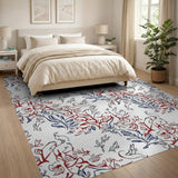 Red Navy Coral Bird Leaf Pattern Area Rug