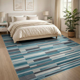 Teal Blue Grey Striped Geometric Area Rug