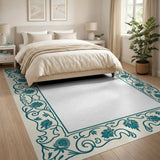 Teal Ornate Persian Floral Border Rug
