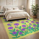 Whimsical Purple Flowers Rainbow on Yellow Kids Rug