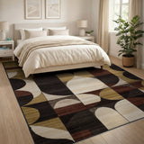 Modern Geometric Abstract Area Rug in Gold Black Beige