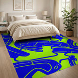 Vibrant Blue Abstract Curves on Green Area Rug