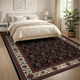 Traditional Persian Black Rug with Red Florals