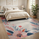 Blush Pink Floral Area Rug with Blue Leaves