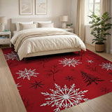 Red Snowflake and Pine Evergreen Area Rug
