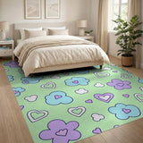 Whimsical Purple Flowers Blue Clouds Hearts Area Rug
