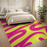 Vibrant Pink Swirl Abstract Area Rug on Yellow