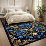 Luxe Blue Roses Baroque Frame Area Rug