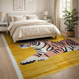 Playful Pink Tiger on Vibrant Yellow Area Rug