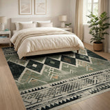 Distressed Tribal Green Geometric Rug