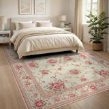 Pink Vintage Pink Rose Floral Cream Area Rug