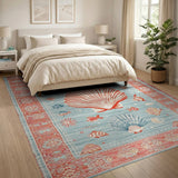 Teal Coastal Scallop Shells Fish Area Rug
