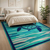 Teal Sea Turtle Wave Coastal Area Rug