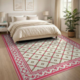 Pink Ornate Border Cream Trellis Area Rug