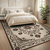 Ornate Cream Floral Rug with Brown Vine Borders