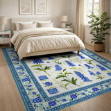 ODIKA Blue Lupine Botanical Washable Area Rug - Non-Slip Low Pile Carpet
