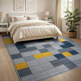Geometric Block Area Rug in Grey, Yellow Blue
