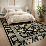 Ivory Floral Persian Area Rug on Black Field