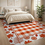 Red Gingham Plaid Area Rug with Autumn Maple Leaves