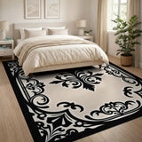 Ornate Black Damask Beige Area Rug