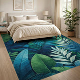 Blue Teal Palm Leaf Washable Area Rug