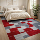 Modern Abstract Geometric Red and Grey Washable Area Rug - Non-Slip Low Pile