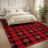 Festive Red Plaid Rug with Tribal Motifs