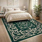 Green Ornate Green Floral Border Area Rug