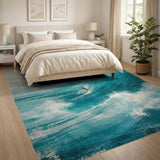 Teal Surf Wave Surfer Coastal Area Rug
