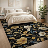 Vintage Black Floral Area Rug with Gold Blue Blooms