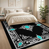 Ornate Teal Medallion Black Filigree Area Rug